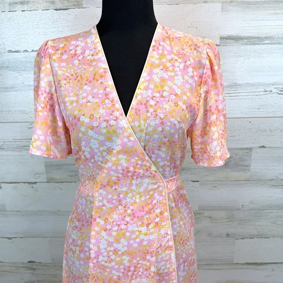 LaRoque Floral Wrap Midi Dress Pink Yellow Cottagecore Preppy Feminine Small - Picture 9 of 16